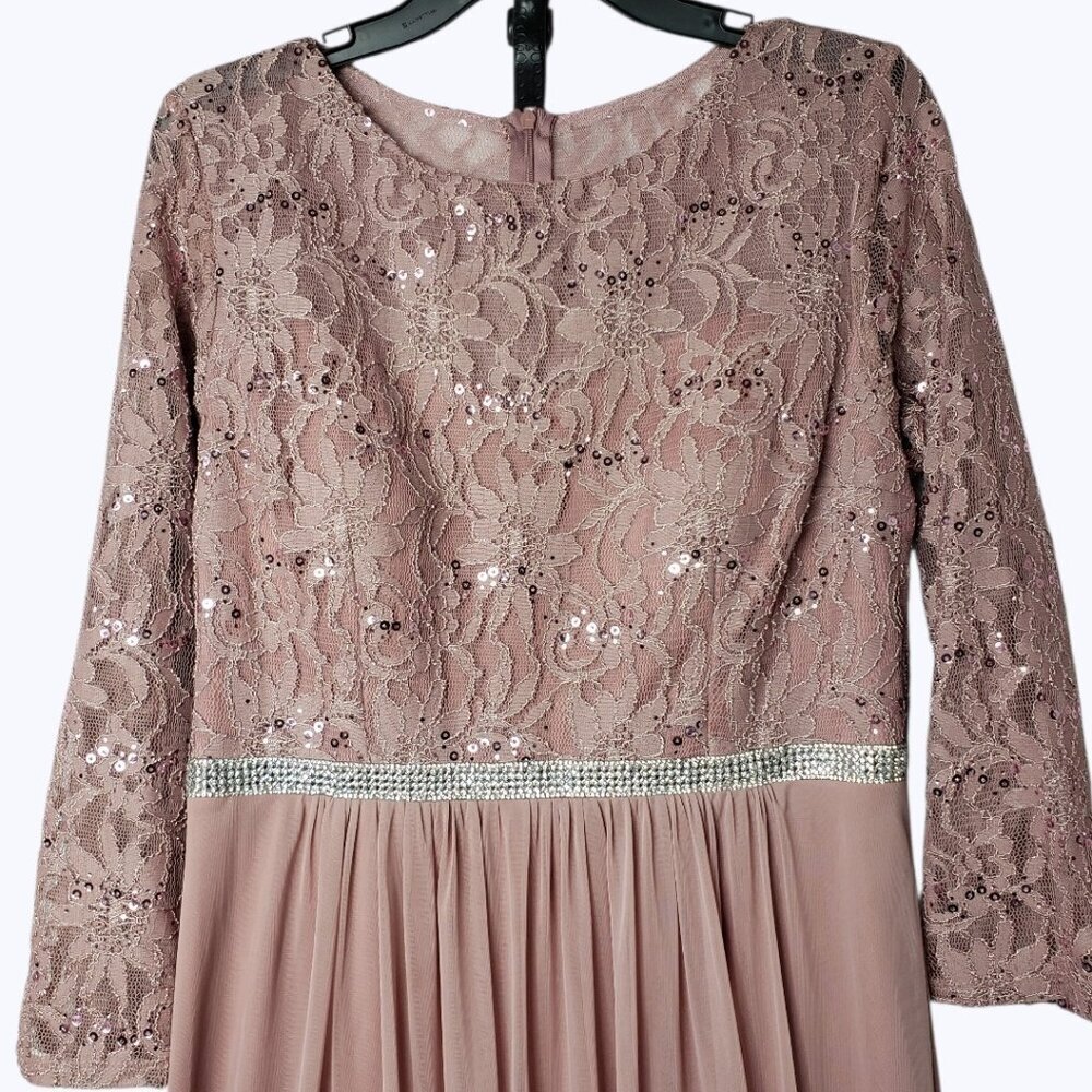 Celavie Long Bodice Lace & Chiffon Gown With SequinWith Rhinestone Mauve Large - Picture 8 of 16